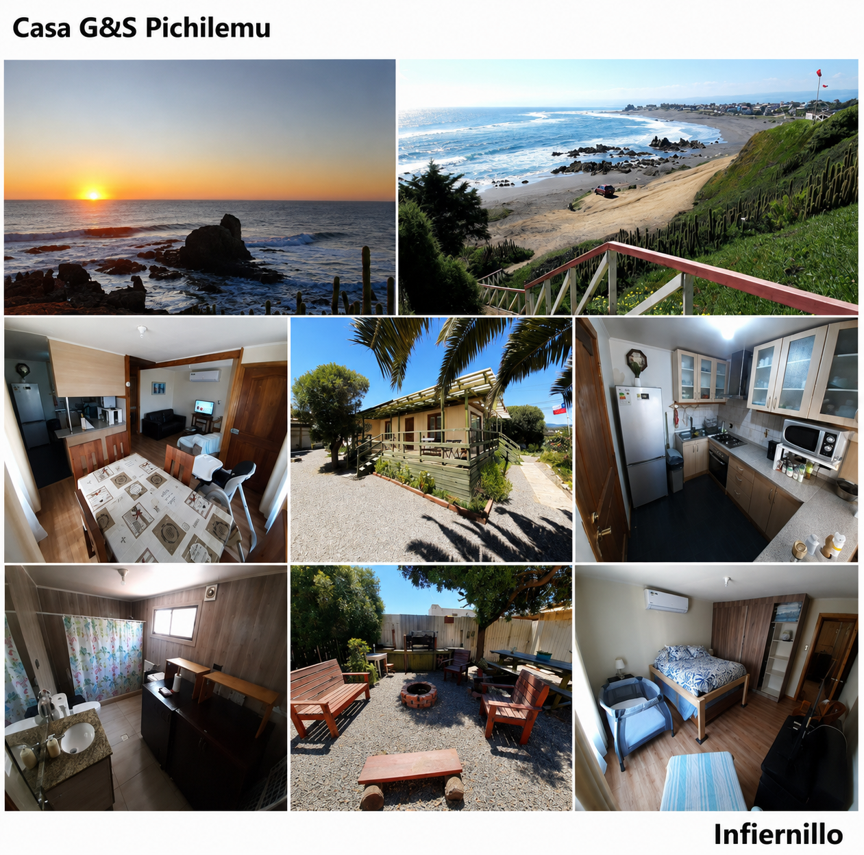 Collage con vistas del mar, exterior e interiores de Casa G&S Pichilemu